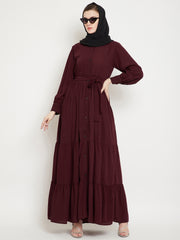 Frilled Maroon Abaya/Burqa For Women With Belt and Black Hijab