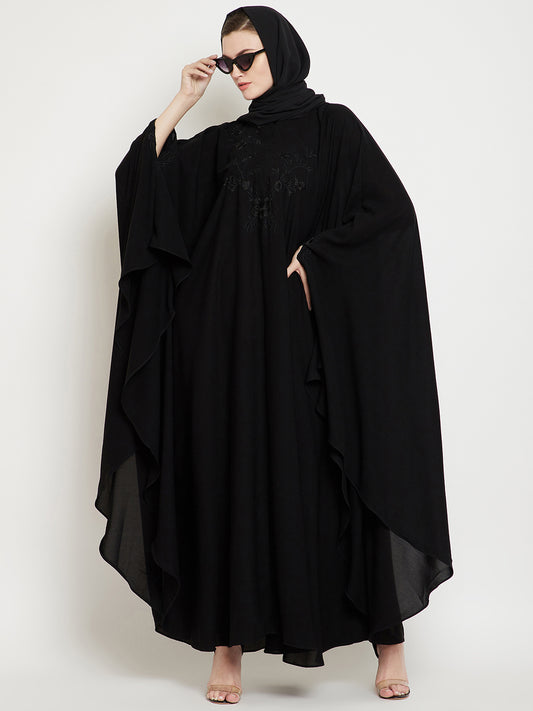 Black Chikan Hand Embroidered Irani Kaftan Abaya with Black Georgette Hijab