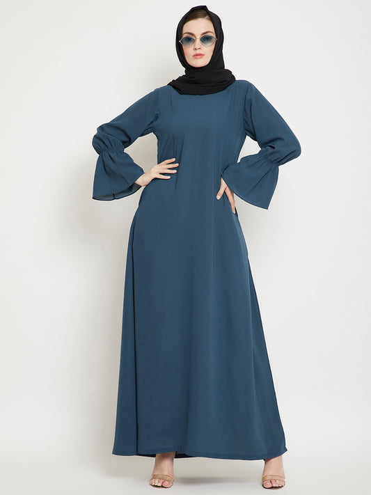 Grey A- Line Abaya for Women with Black Georgette Scarf