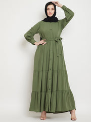 Frilled Jade Green Abaya/Burqa For Women With Belt and Black Hijab