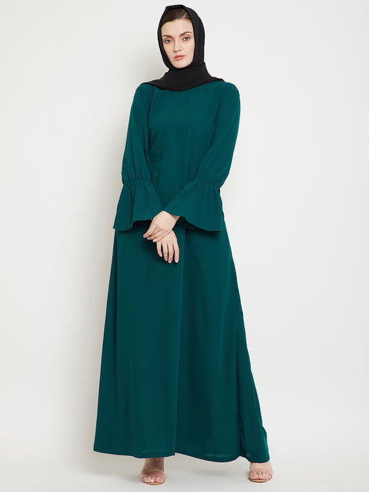 Bottle Green A- Line Abaya for Women with Black Georgette Scarf