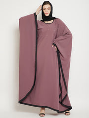 Pearl Design Puce Pink Kaftan Abaya for Women with Black Georgette Hijab