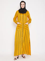 Striped Rayon Front Open Abaya with Black Georgette Hijab