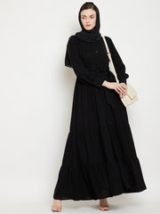 Frilled Black Abaya/Burqa For Women With Belt and Black Hijab