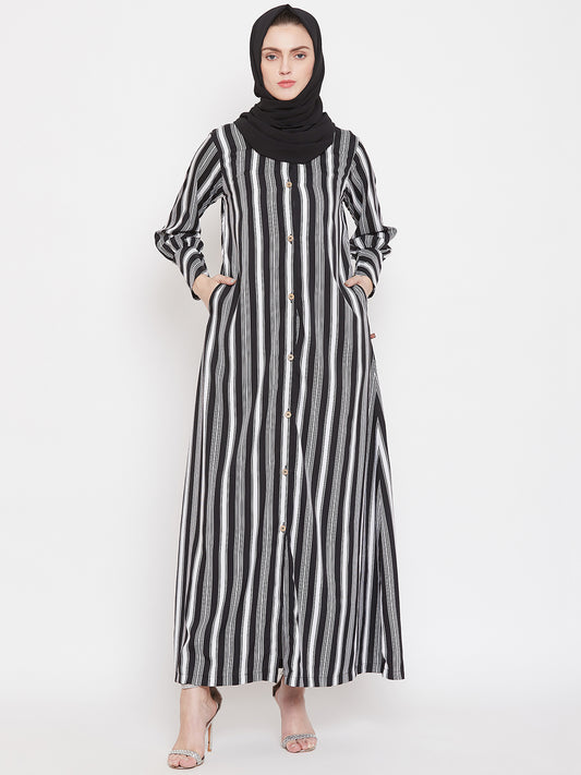 Black Stripe Front Open Abaya for Women with Black Georgette Scarf