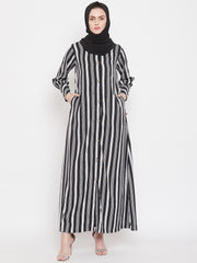 Black Stripe Front Open Abaya for Women with Black Georgette Scarf