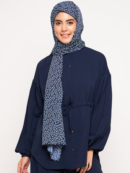 Blue Floral Printed Crepe Hijab Stole for Women