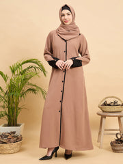 Front Open Modest Beige Coat-Style Abaya with Matching Hijab