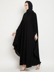 Black Chikan Hand Embroidered Irani Kaftan Abaya with Black Georgette Hijab