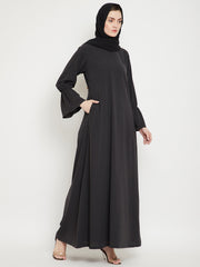 Solid A- Line Abaya for Women with Black Georgette Scarf