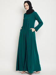 Bottle Green Side Plate Abaya for Women with Black Georgette Scarf