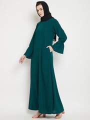 Bottle Green A- Line Abaya for Women with Black Georgette Scarf