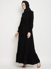 Frilled Black Abaya/Burqa For Women With Belt and Black Hijab