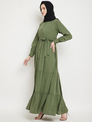 Frilled Jade Green Abaya/Burqa For Women With Belt and Black Hijab