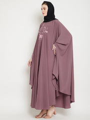 Fuse Pink Chikan Hand Embroidered Irani Kaftan Abaya with Black Georgette Hijab