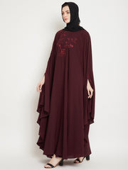 Maroon Chikan Hand Embroidered Irani Kaftan Abaya with Black Georgette Hijab