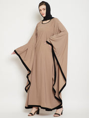 Pearl Design Beige Kaftan Abaya for Women with Black Georgette Hijab