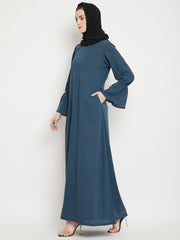 Grey A- Line Abaya for Women with Black Georgette Scarf