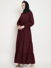 Frilled Maroon Abaya/Burqa For Women With Belt and Black Hijab