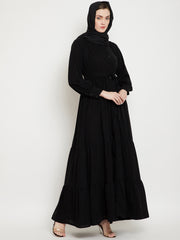 Frilled Black Abaya/Burqa For Women With Belt and Black Hijab
