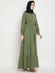 Frilled Jade Green Abaya/Burqa For Women With Belt and Black Hijab