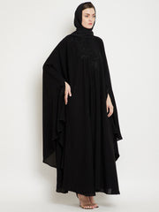 Black Chikan Hand Embroidered Irani Kaftan Abaya with Black Georgette Hijab