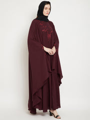 Maroon Chikan Hand Embroidered Irani Kaftan Abaya with Black Georgette Hijab
