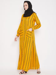 Striped Rayon Front Open Abaya with Black Georgette Hijab