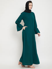 Bottle Green A- Line Abaya for Women with Black Georgette Scarf