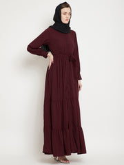 Frilled Maroon Abaya/Burqa For Women With Belt and Black Hijab