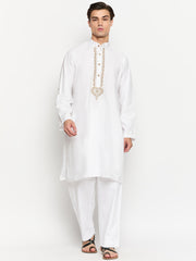 Embroidery Details Solid White Men's Kurta Pajama Set