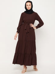 Frilled Brown Abaya/Burqa For Women With Belt and Black Hijab