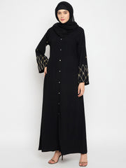 Handwork Detailing Front Open Abaya with Black Georgette Hijab