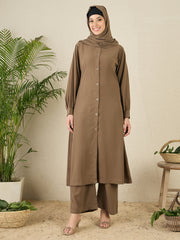 Front Open Khaki(Oat) Solid Co-Ord Set for Women