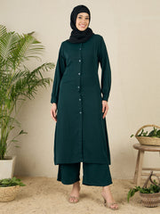 Front Open Green Solid Co-ord Set for Women