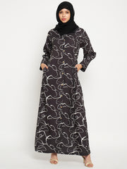 Printed Front Open Abaya with Black Georgette Scarf