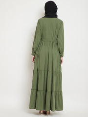 Frilled Jade Green Abaya/Burqa For Women With Belt and Black Hijab