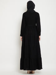 Frilled Black Abaya/Burqa For Women With Belt and Black Hijab