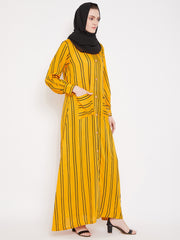 Striped Rayon Front Open Abaya with Black Georgette Hijab