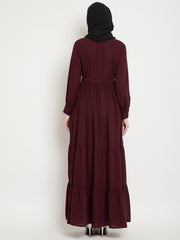 Frilled Maroon Abaya/Burqa For Women With Belt and Black Hijab