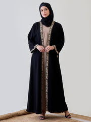 2 Piece Set Embroidered Shrug Abaya with Black Georgette Hijab