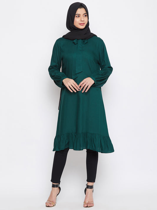 Bottle Green Rayon Tunic for Women with Black Georgette Stole