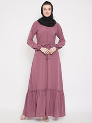 Puce Pink Frill Abaya for Women with Black Georgette Scarf