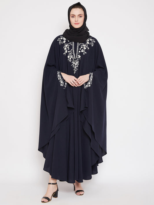 Blue Chikan Hand Embroidered Irani Kaftan Abaya with Black Georgette Hijab