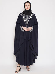 Blue Chikan Hand Embroidered Irani Kaftan Abaya with Black Georgette Hijab