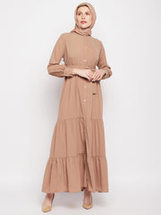 Frilled Beige Abaya/Burqa For Women With Belt and Black Hijab