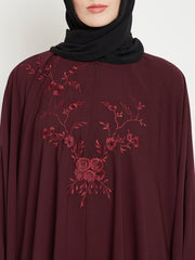 Maroon Chikan Hand Embroidered Irani Kaftan Abaya with Black Georgette Hijab