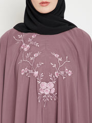 Fuse Pink Chikan Hand Embroidered Irani Kaftan Abaya with Black Georgette Hijab