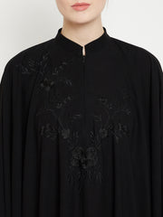 Black Chikan Hand Embroidered Irani Kaftan Abaya with Black Georgette Hijab