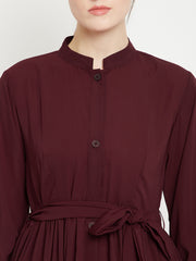 Frilled Maroon Abaya/Burqa For Women With Belt and Black Hijab
